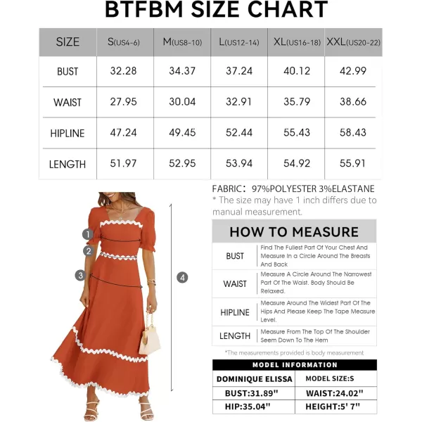 BTFBM Womens 2024 Summer Square Neck Short Puff Sleeve Dress Casual RIC Rac Tie Back Smocked A Line Flowy Maxi DressesSolid Brick Red