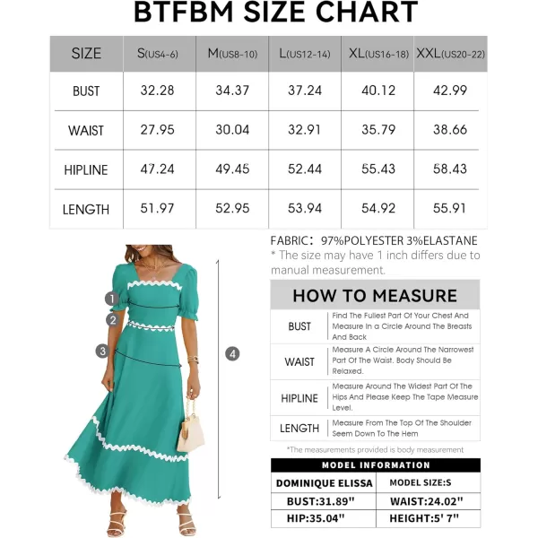 BTFBM Womens 2024 Summer Square Neck Short Puff Sleeve Dress Casual RIC Rac Tie Back Smocked A Line Flowy Maxi DressesSolid Lake Blue
