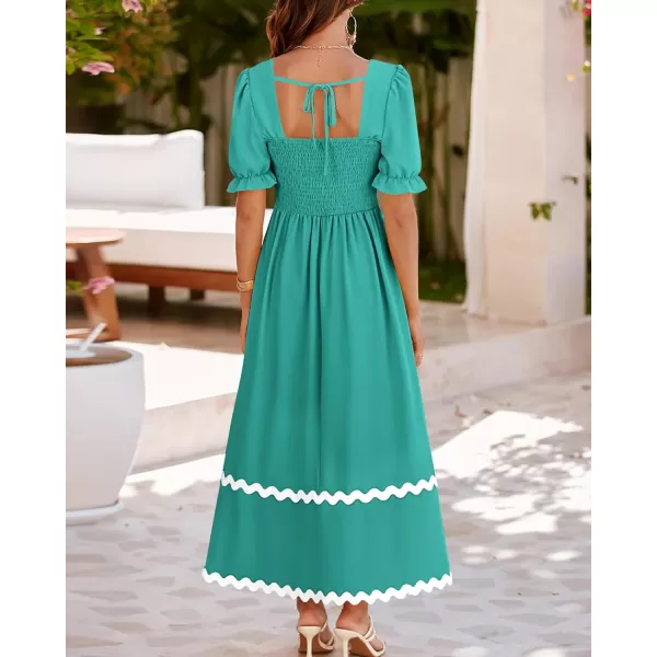 BTFBM Womens 2024 Summer Square Neck Short Puff Sleeve Dress Casual RIC Rac Tie Back Smocked A Line Flowy Maxi DressesSolid Lake Blue