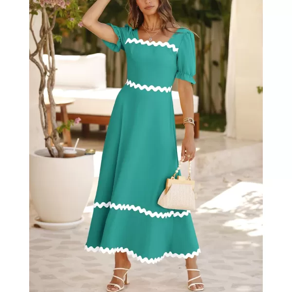 BTFBM Womens 2024 Summer Square Neck Short Puff Sleeve Dress Casual RIC Rac Tie Back Smocked A Line Flowy Maxi DressesSolid Lake Blue