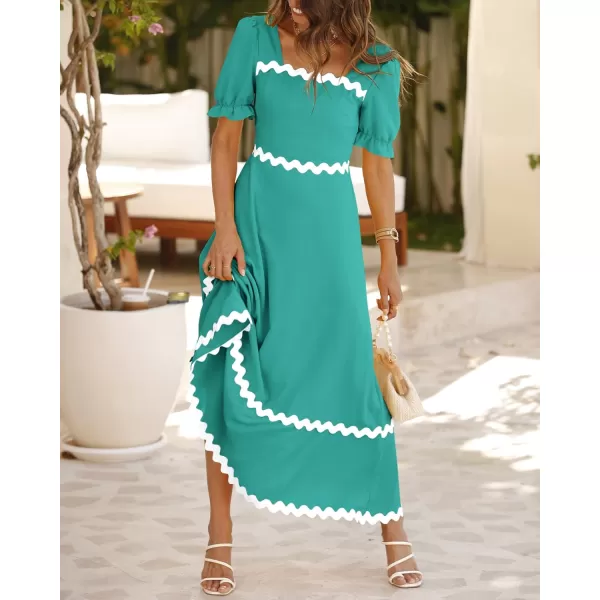 BTFBM Womens 2024 Summer Square Neck Short Puff Sleeve Dress Casual RIC Rac Tie Back Smocked A Line Flowy Maxi DressesSolid Lake Blue