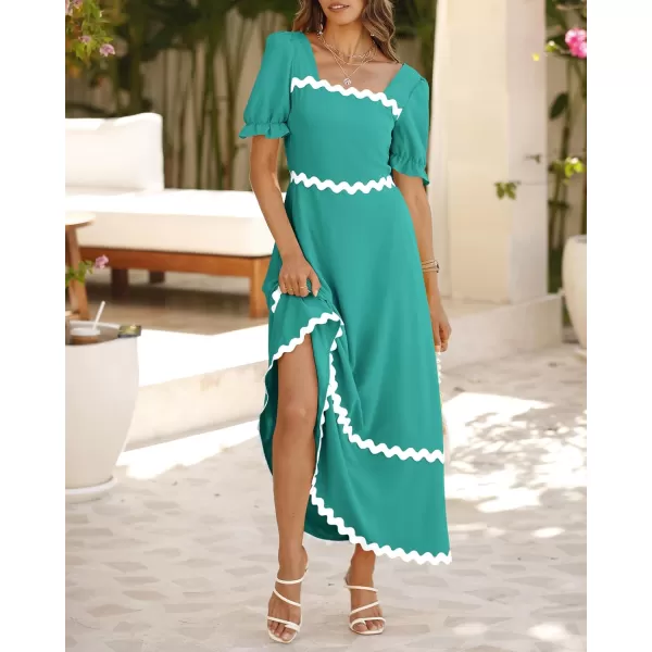 BTFBM Womens 2024 Summer Square Neck Short Puff Sleeve Dress Casual RIC Rac Tie Back Smocked A Line Flowy Maxi DressesSolid Lake Blue