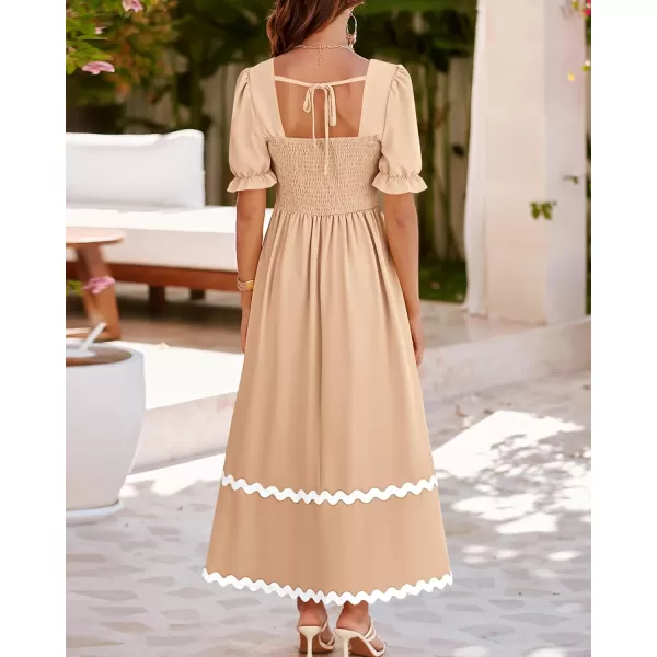 BTFBM Womens 2024 Summer Square Neck Short Puff Sleeve Dress Casual RIC Rac Tie Back Smocked A Line Flowy Maxi DressesSolid Light Khaki