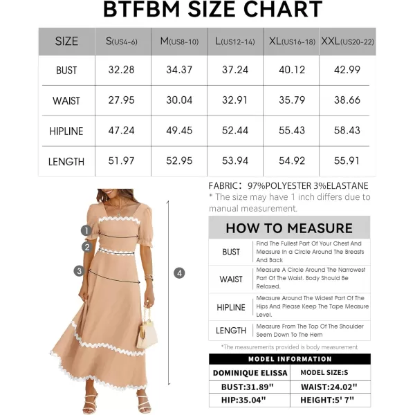 BTFBM Womens 2024 Summer Square Neck Short Puff Sleeve Dress Casual RIC Rac Tie Back Smocked A Line Flowy Maxi DressesSolid Light Khaki