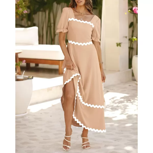 BTFBM Womens 2024 Summer Square Neck Short Puff Sleeve Dress Casual RIC Rac Tie Back Smocked A Line Flowy Maxi DressesSolid Light Khaki
