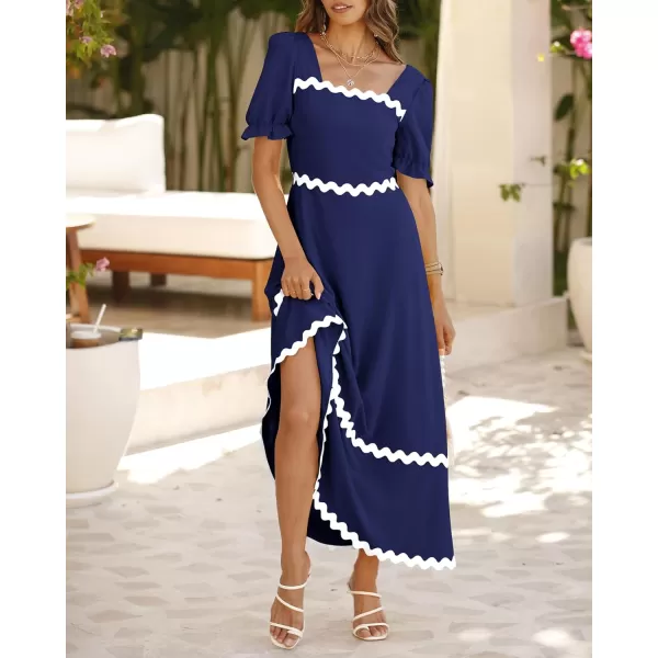 BTFBM Womens 2024 Summer Square Neck Short Puff Sleeve Dress Casual RIC Rac Tie Back Smocked A Line Flowy Maxi DressesSolid Navy