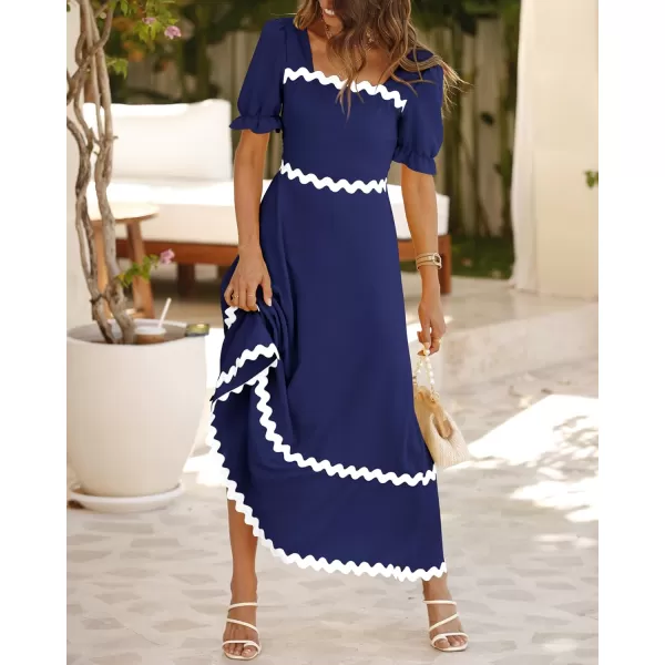 BTFBM Womens 2024 Summer Square Neck Short Puff Sleeve Dress Casual RIC Rac Tie Back Smocked A Line Flowy Maxi DressesSolid Navy