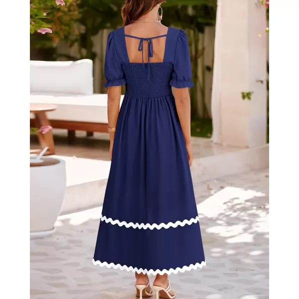 BTFBM Womens 2024 Summer Square Neck Short Puff Sleeve Dress Casual RIC Rac Tie Back Smocked A Line Flowy Maxi DressesSolid Navy