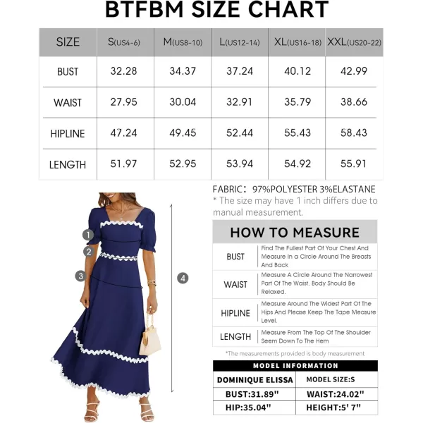 BTFBM Womens 2024 Summer Square Neck Short Puff Sleeve Dress Casual RIC Rac Tie Back Smocked A Line Flowy Maxi DressesSolid Navy
