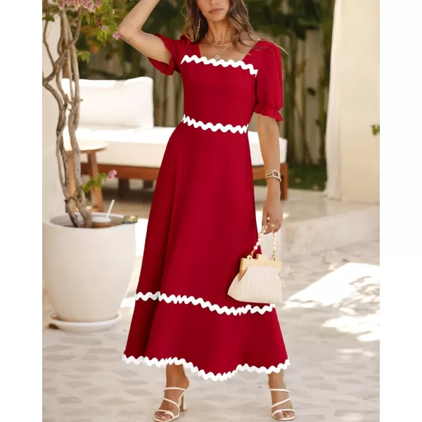 BTFBM Womens 2024 Summer Square Neck Short Puff Sleeve Dress Casual RIC Rac Tie Back Smocked A Line Flowy Maxi DressesSolid Red