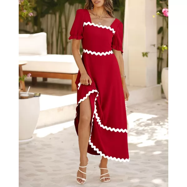 BTFBM Womens 2024 Summer Square Neck Short Puff Sleeve Dress Casual RIC Rac Tie Back Smocked A Line Flowy Maxi DressesSolid Red
