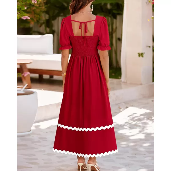 BTFBM Womens 2024 Summer Square Neck Short Puff Sleeve Dress Casual RIC Rac Tie Back Smocked A Line Flowy Maxi DressesSolid Red