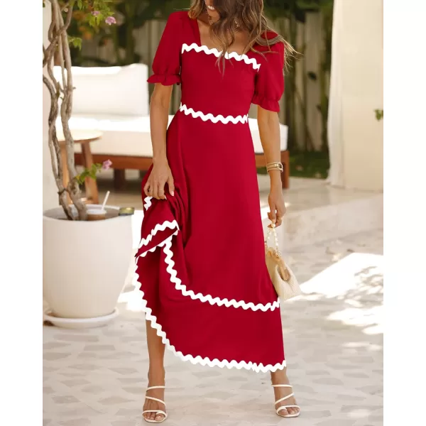 BTFBM Womens 2024 Summer Square Neck Short Puff Sleeve Dress Casual RIC Rac Tie Back Smocked A Line Flowy Maxi DressesSolid Red