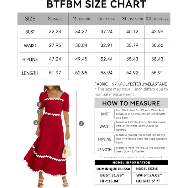 BTFBM Womens 2024 Summer Square Neck Short Puff Sleeve Dress Casual RIC Rac Tie Back Smocked A Line Flowy Maxi DressesSolid Red