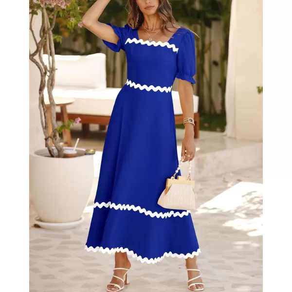 BTFBM Womens 2024 Summer Square Neck Short Puff Sleeve Dress Casual RIC Rac Tie Back Smocked A Line Flowy Maxi DressesSolid Royal Blue