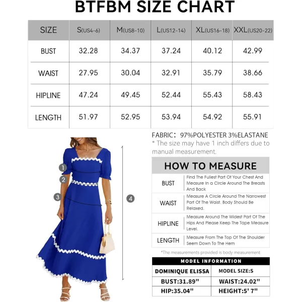 BTFBM Womens 2024 Summer Square Neck Short Puff Sleeve Dress Casual RIC Rac Tie Back Smocked A Line Flowy Maxi DressesSolid Royal Blue