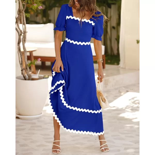 BTFBM Womens 2024 Summer Square Neck Short Puff Sleeve Dress Casual RIC Rac Tie Back Smocked A Line Flowy Maxi DressesSolid Royal Blue