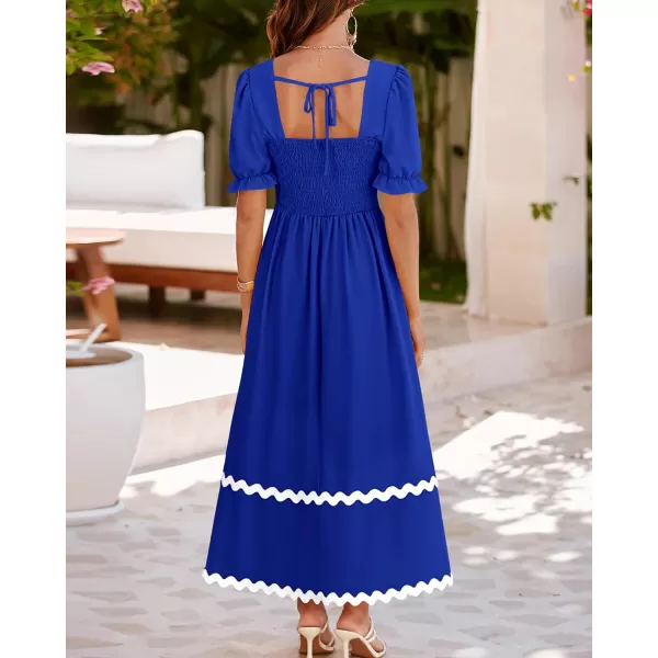 BTFBM Womens 2024 Summer Square Neck Short Puff Sleeve Dress Casual RIC Rac Tie Back Smocked A Line Flowy Maxi DressesSolid Royal Blue