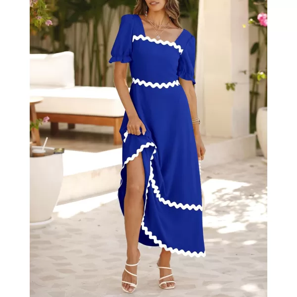 BTFBM Womens 2024 Summer Square Neck Short Puff Sleeve Dress Casual RIC Rac Tie Back Smocked A Line Flowy Maxi DressesSolid Royal Blue