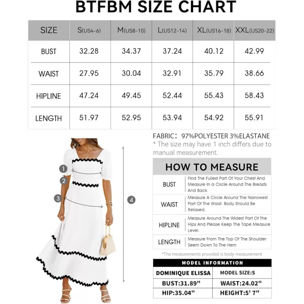 BTFBM Womens 2024 Summer Square Neck Short Puff Sleeve Dress Casual RIC Rac Tie Back Smocked A Line Flowy Maxi DressesSolid White Black