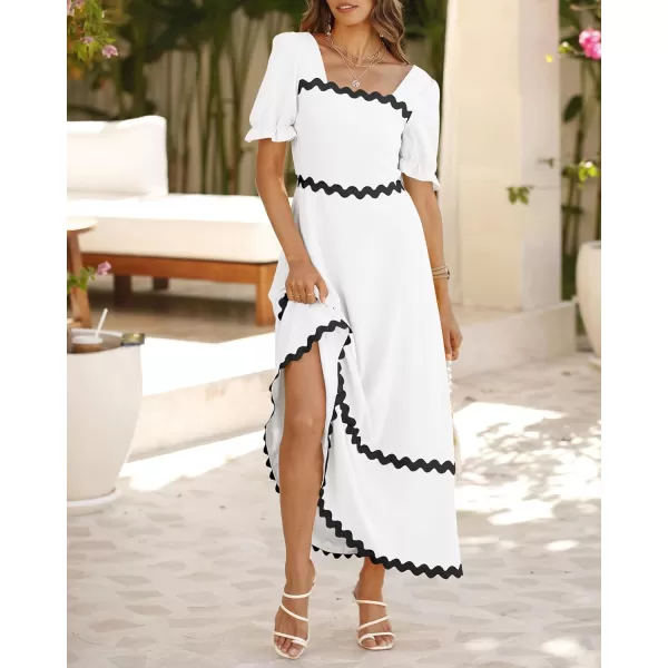 BTFBM Womens 2024 Summer Square Neck Short Puff Sleeve Dress Casual RIC Rac Tie Back Smocked A Line Flowy Maxi DressesSolid White Black
