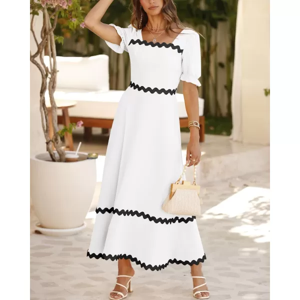 BTFBM Womens 2024 Summer Square Neck Short Puff Sleeve Dress Casual RIC Rac Tie Back Smocked A Line Flowy Maxi DressesSolid White Black