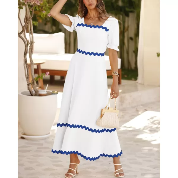 BTFBM Womens 2024 Summer Square Neck Short Puff Sleeve Dress Casual RIC Rac Tie Back Smocked A Line Flowy Maxi DressesSolid White Blue