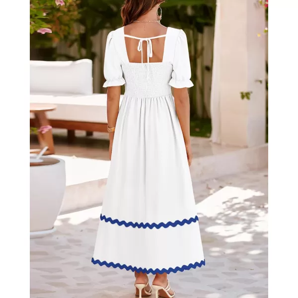 BTFBM Womens 2024 Summer Square Neck Short Puff Sleeve Dress Casual RIC Rac Tie Back Smocked A Line Flowy Maxi DressesSolid White Blue