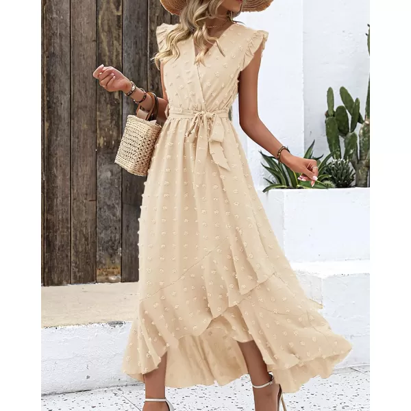 BTFBM Womens 2024 Summer Wrap V Neck Dress Ruffle Sleeve Swiss Dot Boho Ruffle Slit Beach Party Flowy Long Maxi DressesSwiss Dot Beige