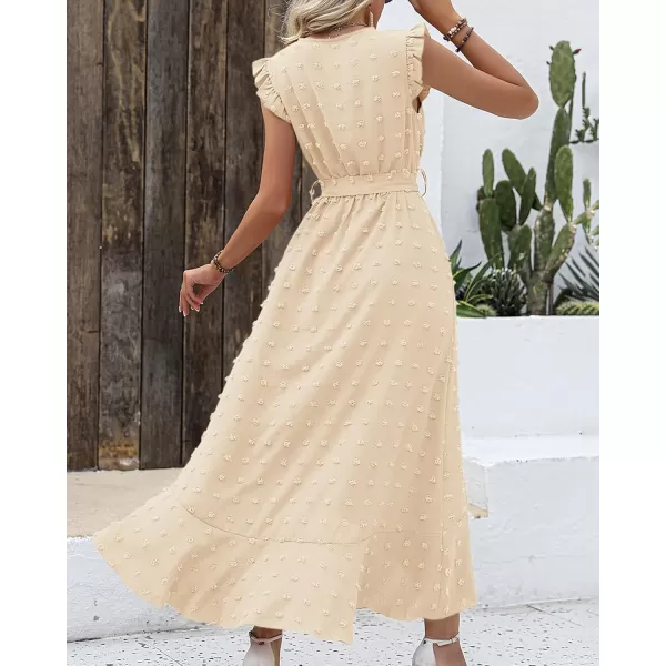 BTFBM Womens 2024 Summer Wrap V Neck Dress Ruffle Sleeve Swiss Dot Boho Ruffle Slit Beach Party Flowy Long Maxi DressesSwiss Dot Beige