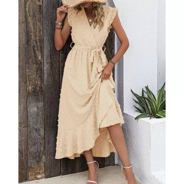 BTFBM Womens 2024 Summer Wrap V Neck Dress Ruffle Sleeve Swiss Dot Boho Ruffle Slit Beach Party Flowy Long Maxi DressesSwiss Dot Beige