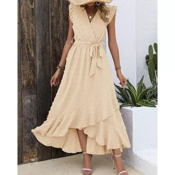 BTFBM Womens 2024 Summer Wrap V Neck Dress Ruffle Sleeve Swiss Dot Boho Ruffle Slit Beach Party Flowy Long Maxi DressesSwiss Dot Beige