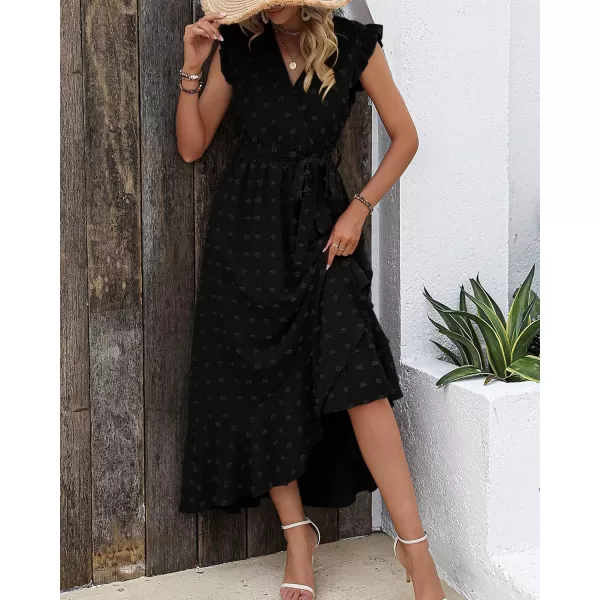 BTFBM Womens 2024 Summer Wrap V Neck Dress Ruffle Sleeve Swiss Dot Boho Ruffle Slit Beach Party Flowy Long Maxi DressesSwiss Dot Black