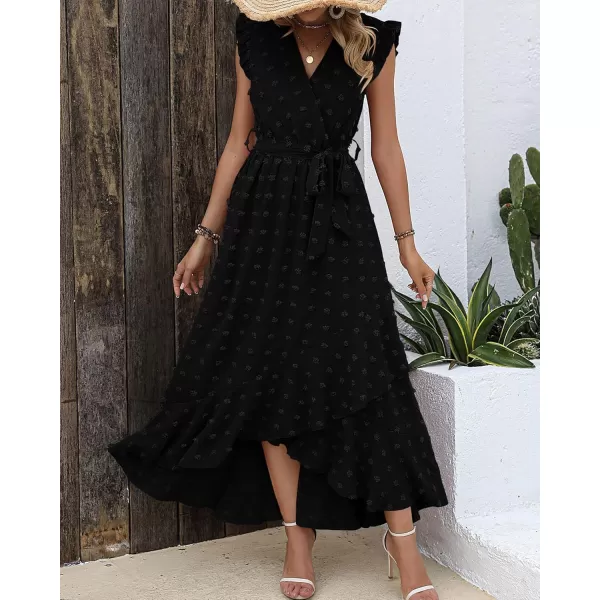 BTFBM Womens 2024 Summer Wrap V Neck Dress Ruffle Sleeve Swiss Dot Boho Ruffle Slit Beach Party Flowy Long Maxi DressesSwiss Dot Black