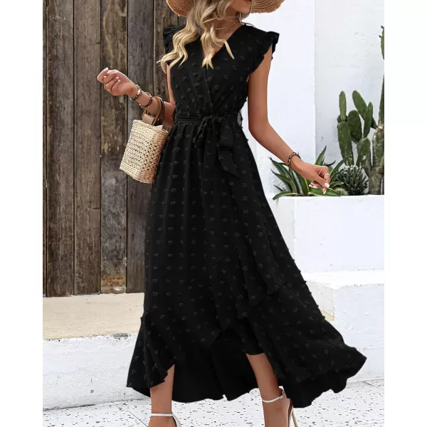 BTFBM Womens 2024 Summer Wrap V Neck Dress Ruffle Sleeve Swiss Dot Boho Ruffle Slit Beach Party Flowy Long Maxi DressesSwiss Dot Black
