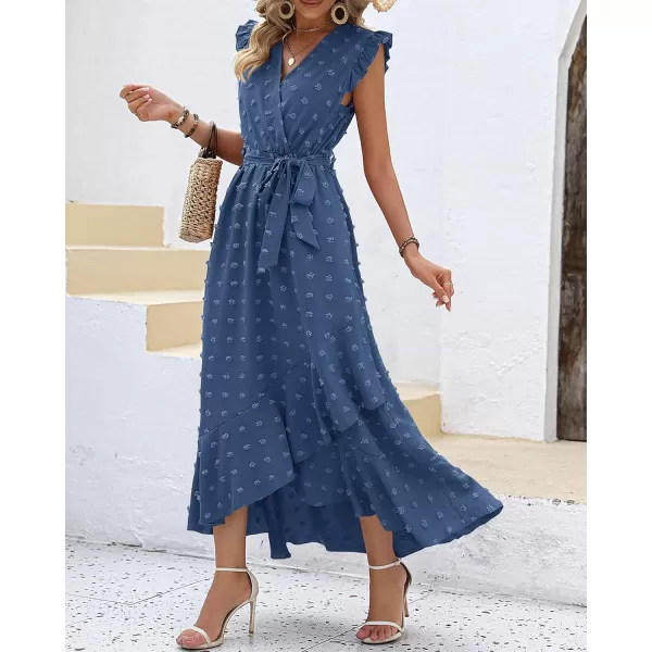 BTFBM Womens 2024 Summer Wrap V Neck Dress Ruffle Sleeve Swiss Dot Boho Ruffle Slit Beach Party Flowy Long Maxi DressesSwiss Dot Blue