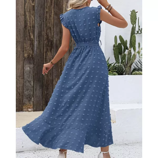 BTFBM Womens 2024 Summer Wrap V Neck Dress Ruffle Sleeve Swiss Dot Boho Ruffle Slit Beach Party Flowy Long Maxi DressesSwiss Dot Blue