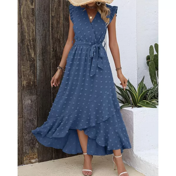 BTFBM Womens 2024 Summer Wrap V Neck Dress Ruffle Sleeve Swiss Dot Boho Ruffle Slit Beach Party Flowy Long Maxi DressesSwiss Dot Blue