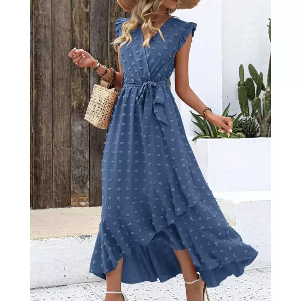 BTFBM Womens 2024 Summer Wrap V Neck Dress Ruffle Sleeve Swiss Dot Boho Ruffle Slit Beach Party Flowy Long Maxi DressesSwiss Dot Blue