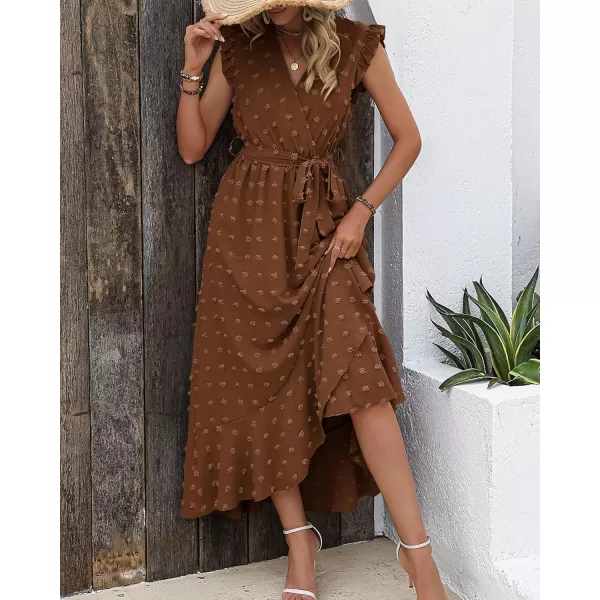 BTFBM Womens 2024 Summer Wrap V Neck Dress Ruffle Sleeve Swiss Dot Boho Ruffle Slit Beach Party Flowy Long Maxi DressesSwiss Dot Brown