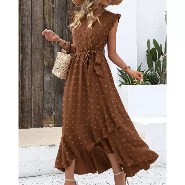 BTFBM Womens 2024 Summer Wrap V Neck Dress Ruffle Sleeve Swiss Dot Boho Ruffle Slit Beach Party Flowy Long Maxi DressesSwiss Dot Brown