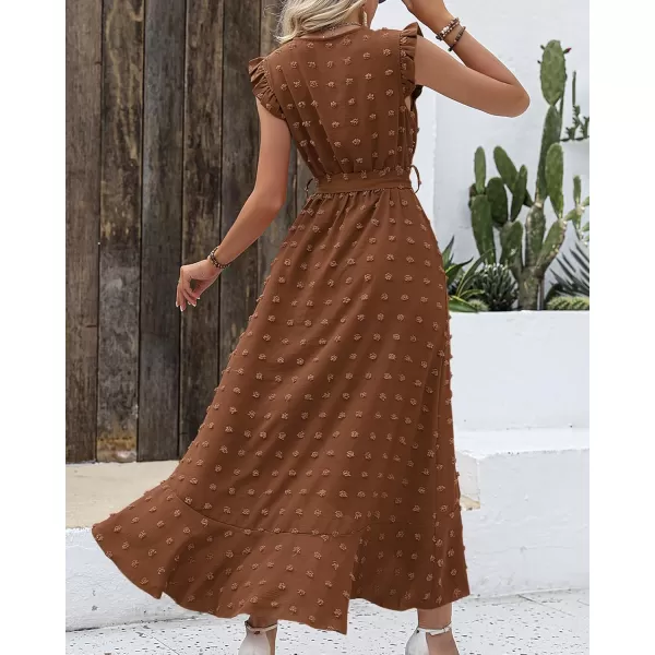 BTFBM Womens 2024 Summer Wrap V Neck Dress Ruffle Sleeve Swiss Dot Boho Ruffle Slit Beach Party Flowy Long Maxi DressesSwiss Dot Brown