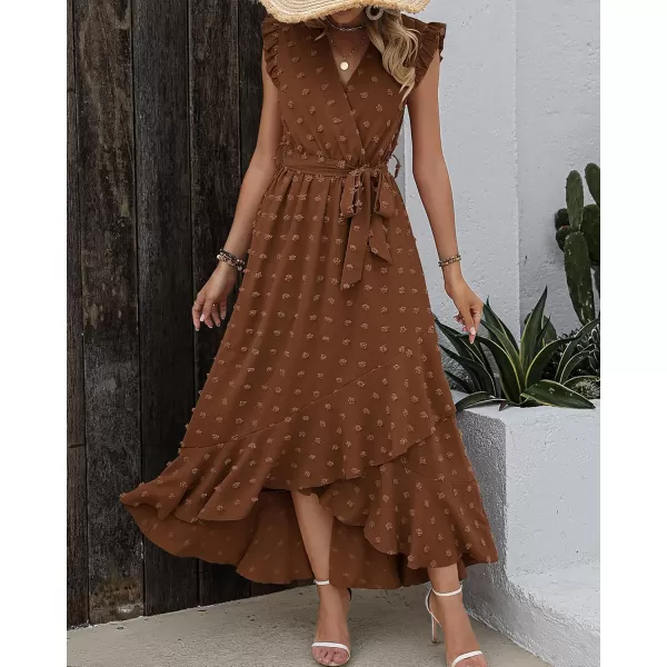BTFBM Womens 2024 Summer Wrap V Neck Dress Ruffle Sleeve Swiss Dot Boho Ruffle Slit Beach Party Flowy Long Maxi DressesSwiss Dot Brown