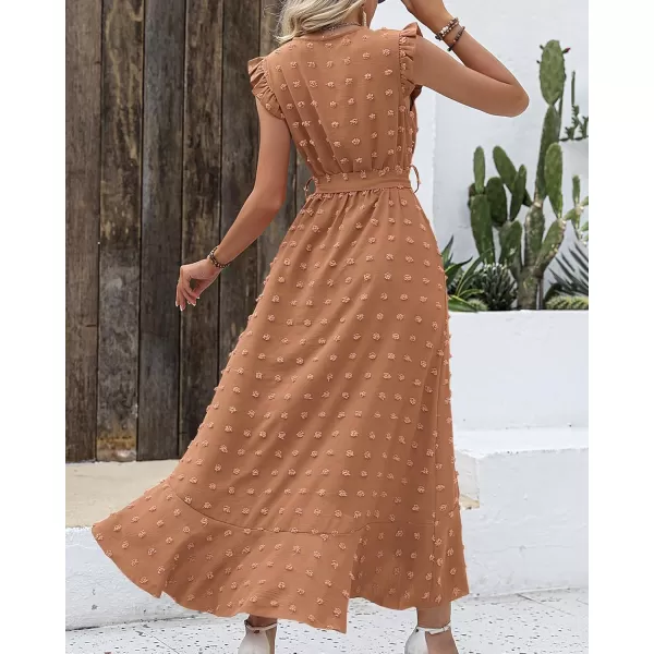 BTFBM Womens 2024 Summer Wrap V Neck Dress Ruffle Sleeve Swiss Dot Boho Ruffle Slit Beach Party Flowy Long Maxi DressesSwiss Dot Khaki
