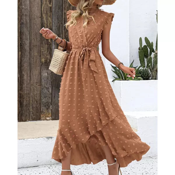 BTFBM Womens 2024 Summer Wrap V Neck Dress Ruffle Sleeve Swiss Dot Boho Ruffle Slit Beach Party Flowy Long Maxi DressesSwiss Dot Khaki
