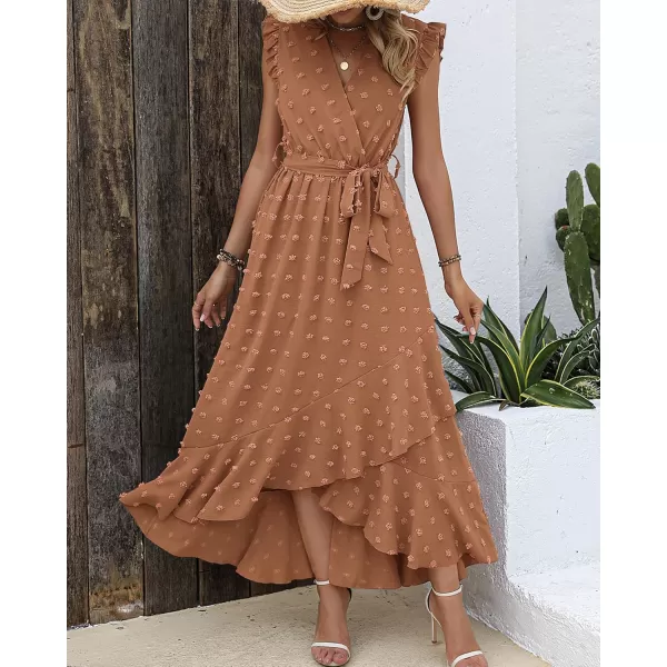BTFBM Womens 2024 Summer Wrap V Neck Dress Ruffle Sleeve Swiss Dot Boho Ruffle Slit Beach Party Flowy Long Maxi DressesSwiss Dot Khaki