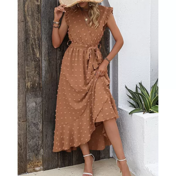 BTFBM Womens 2024 Summer Wrap V Neck Dress Ruffle Sleeve Swiss Dot Boho Ruffle Slit Beach Party Flowy Long Maxi DressesSwiss Dot Khaki