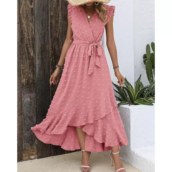 BTFBM Womens 2024 Summer Wrap V Neck Dress Ruffle Sleeve Swiss Dot Boho Ruffle Slit Beach Party Flowy Long Maxi DressesSwiss Dot Light Pink