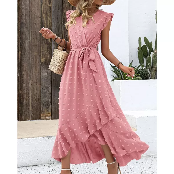 BTFBM Womens 2024 Summer Wrap V Neck Dress Ruffle Sleeve Swiss Dot Boho Ruffle Slit Beach Party Flowy Long Maxi DressesSwiss Dot Light Pink