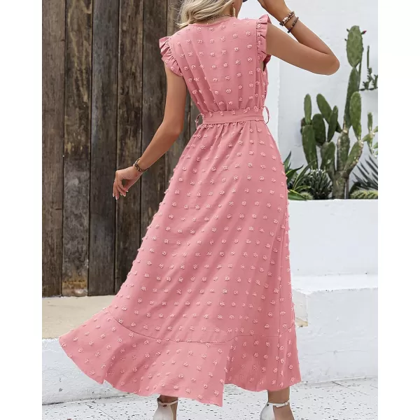 BTFBM Womens 2024 Summer Wrap V Neck Dress Ruffle Sleeve Swiss Dot Boho Ruffle Slit Beach Party Flowy Long Maxi DressesSwiss Dot Light Pink